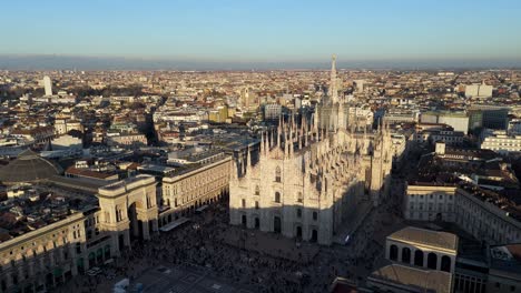 aerial wide angle sunset view of milan city duomo cathedral