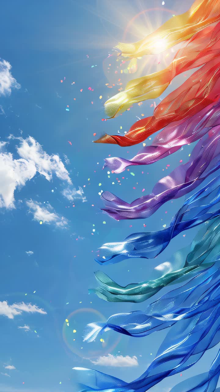 Silk ribbons with rainbow colors flying in the wind on a blue sky background