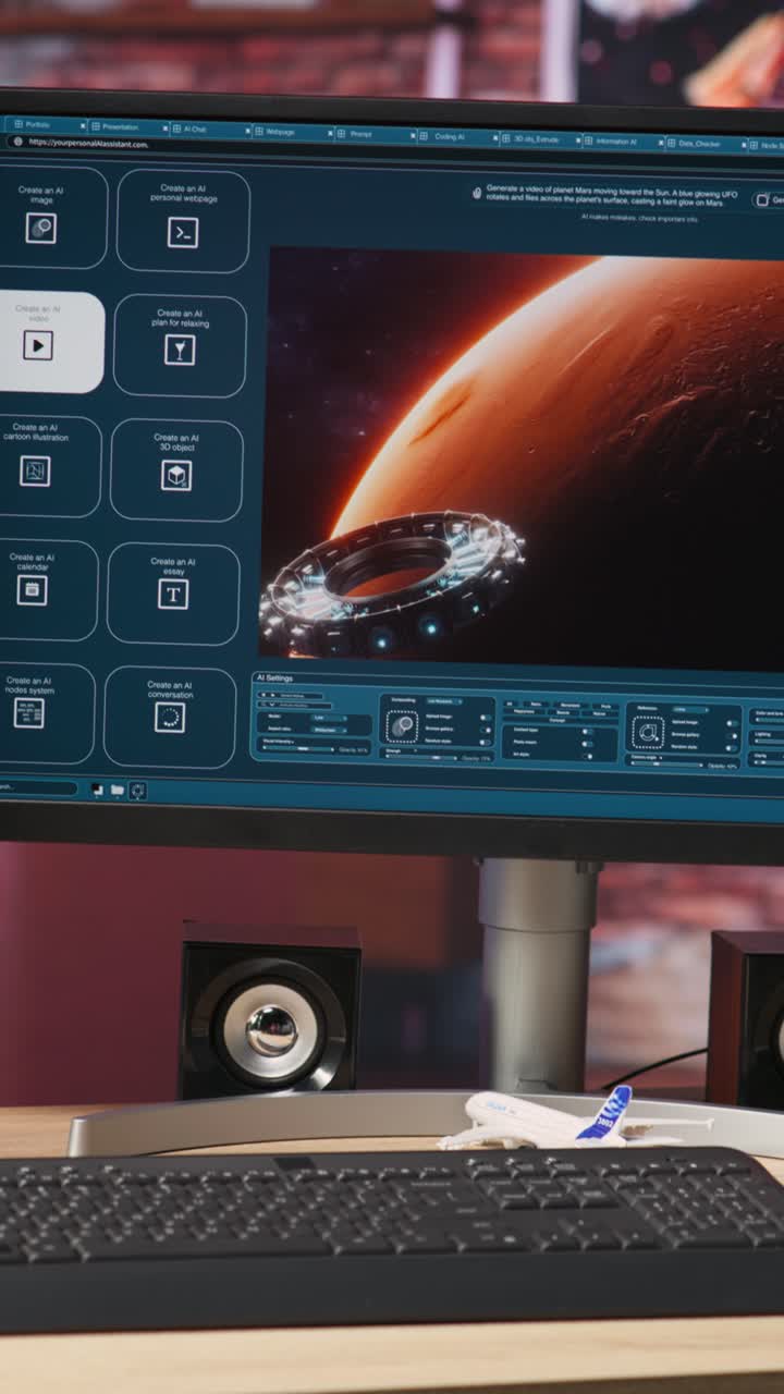 Vertical video PC display showing AI virtual assistant producing clips