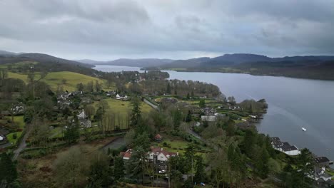 aerial elevated view of windermere and the town of bowness lake district england