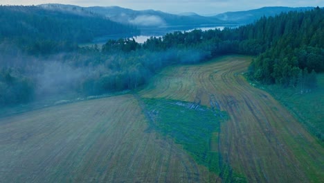 aerial view of agricultural farm on a misty day in norway - drone shot