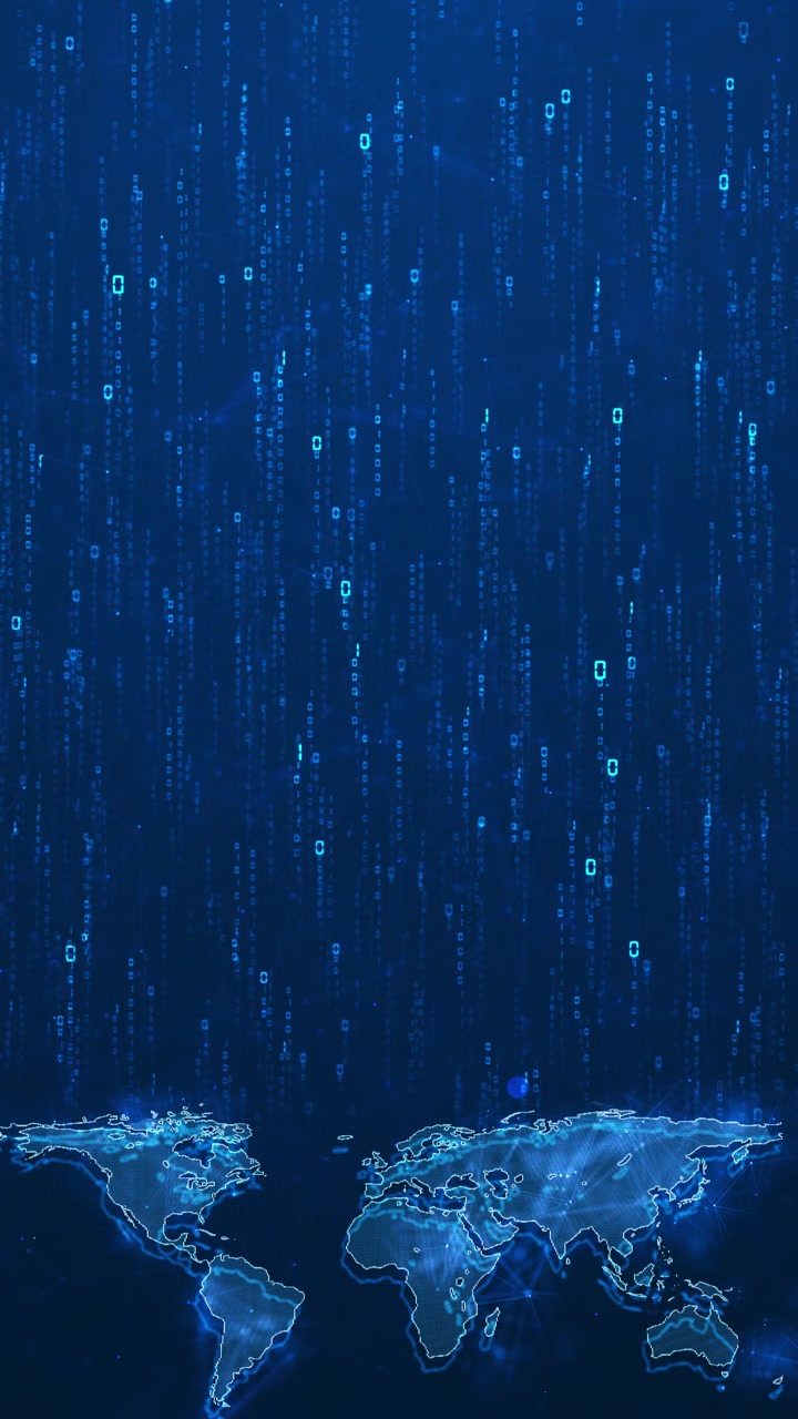 Blue digital world data map with glowing continent outlines binary code rain network polygons and