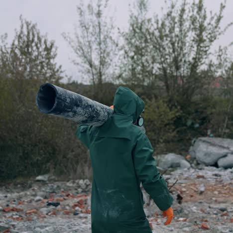 survivor after nuclear chemical war. man in safety clothes carrying pipe in abandoned polluted place on ruined buildings background