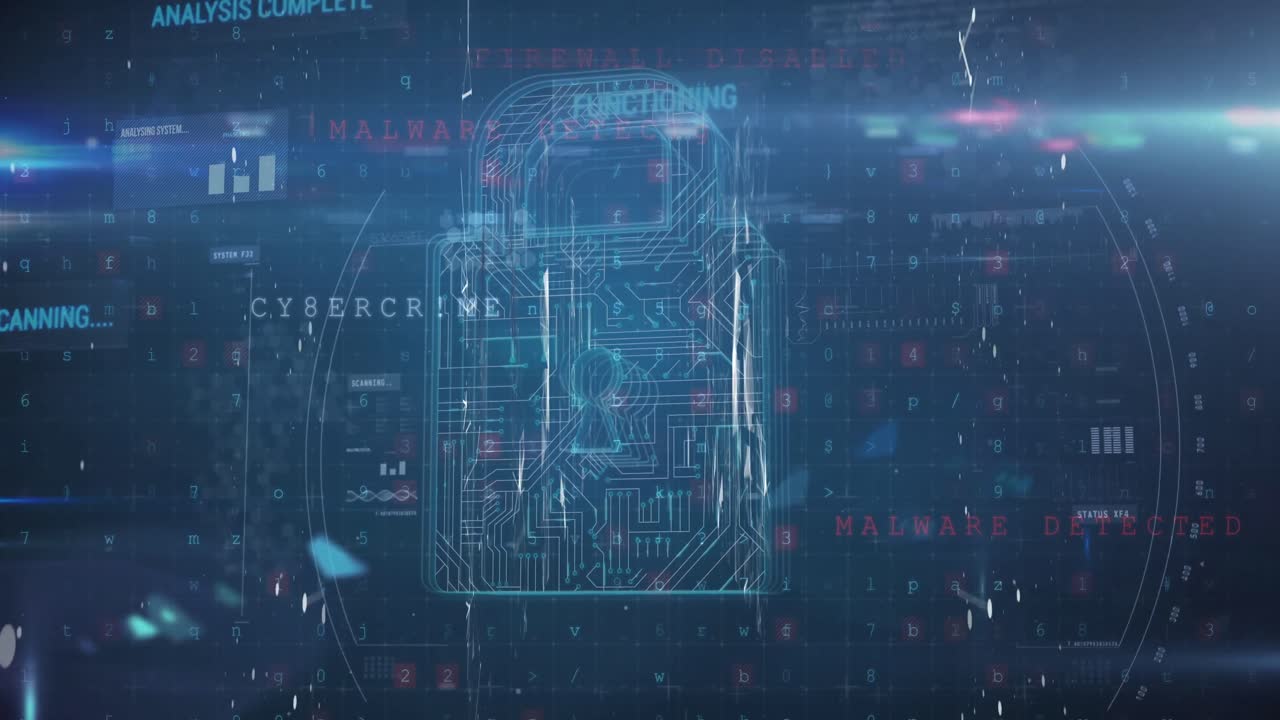 Animation of data processing and padlock on blue background