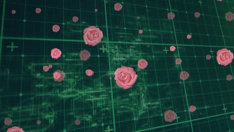 animación de flores y procesamiento de datos sobre la cuadrícula verde