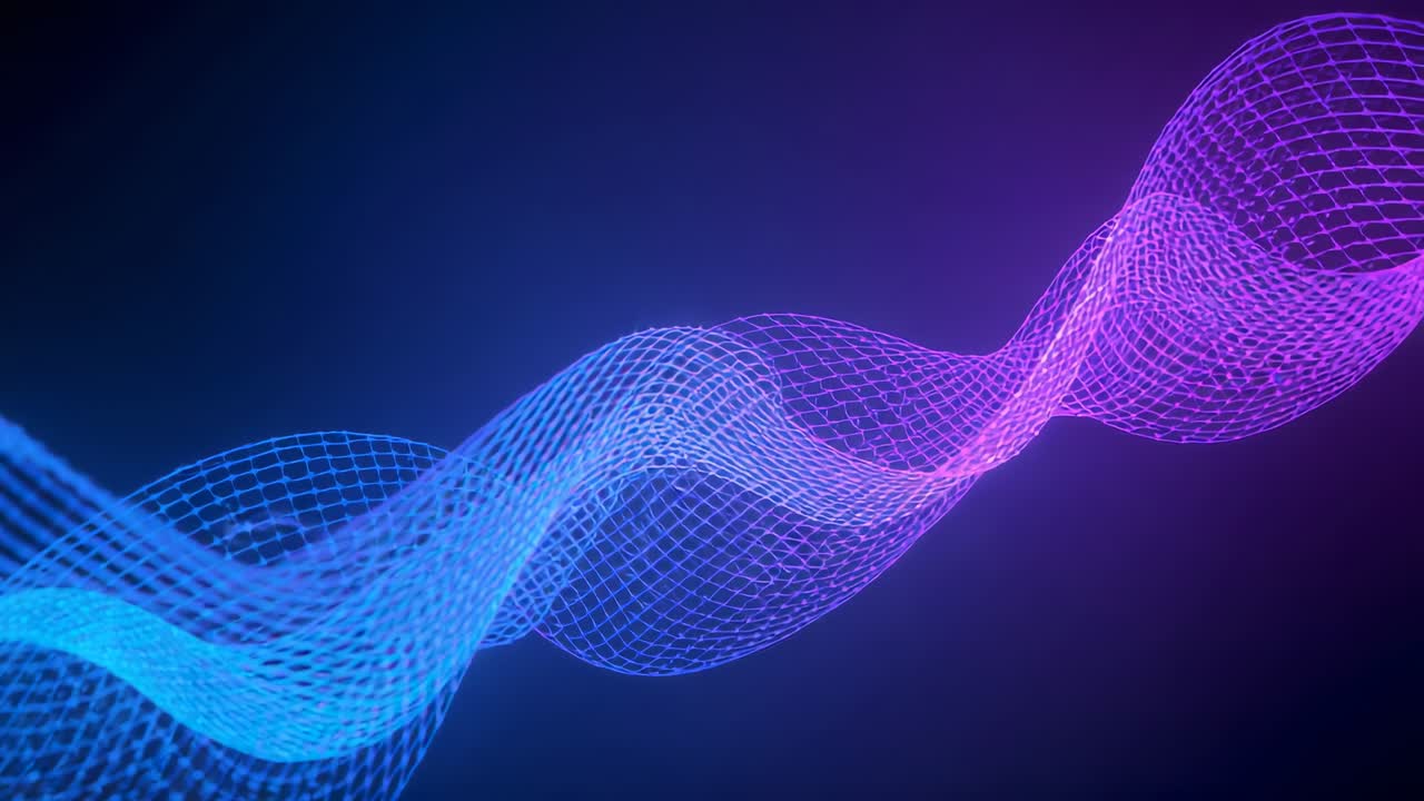 Starting from left, gridline mesh wave ribbon undulating in digital gradient space with color shift