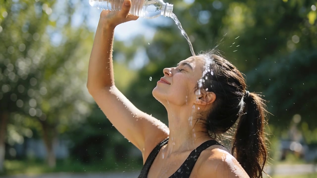 Frau in schwarzem Sport-Top gießt sich Wasser aus durchsichtiger Plastikflasche über den Kopf zur Abkühlung im Park