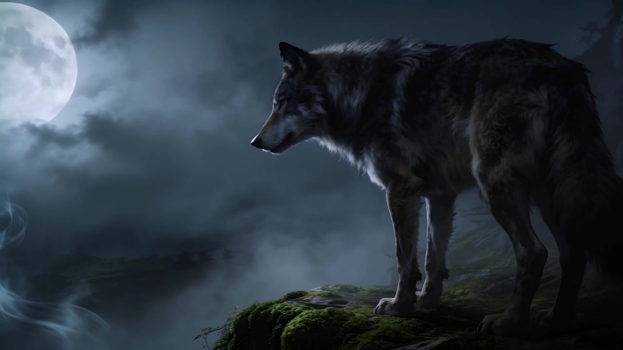 Standing adult gray wolf stepping on mossy ledge at night, sensing fog movement under full moon