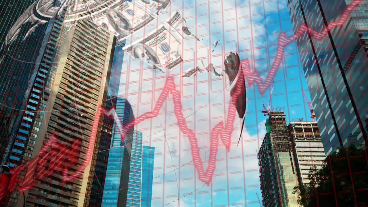 Financial graph animation over skyscrapers and dollar bills in cityscape