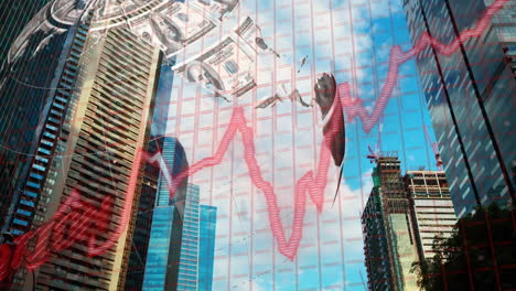 financial graph animation over skyscrapers and dollar bills in cityscape