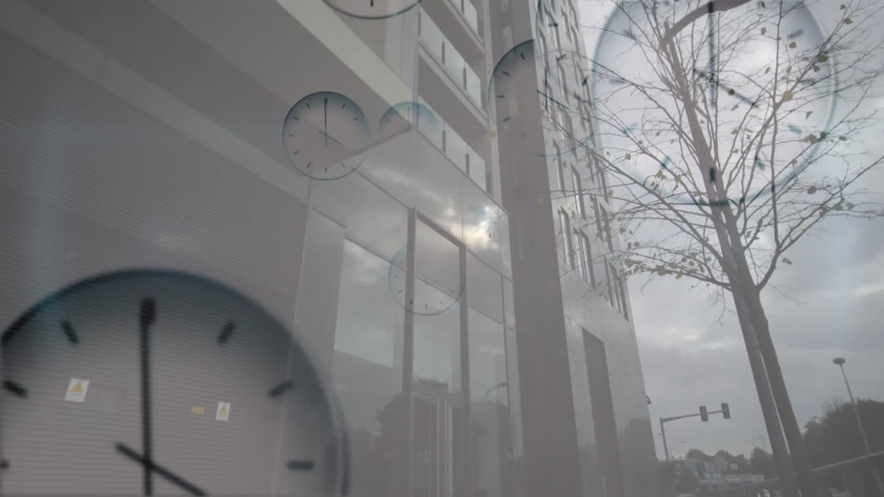 바쁜 도시 위에서 시계가 뛰는 애니메이션