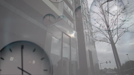 animation of clock ticking over busy city