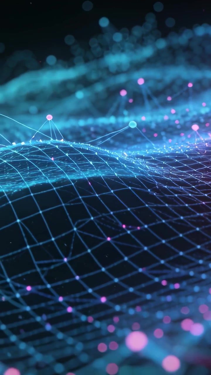 Vertical video: Sequence starting teal mesh waving in black pulsing pink cyan nodes linking as data