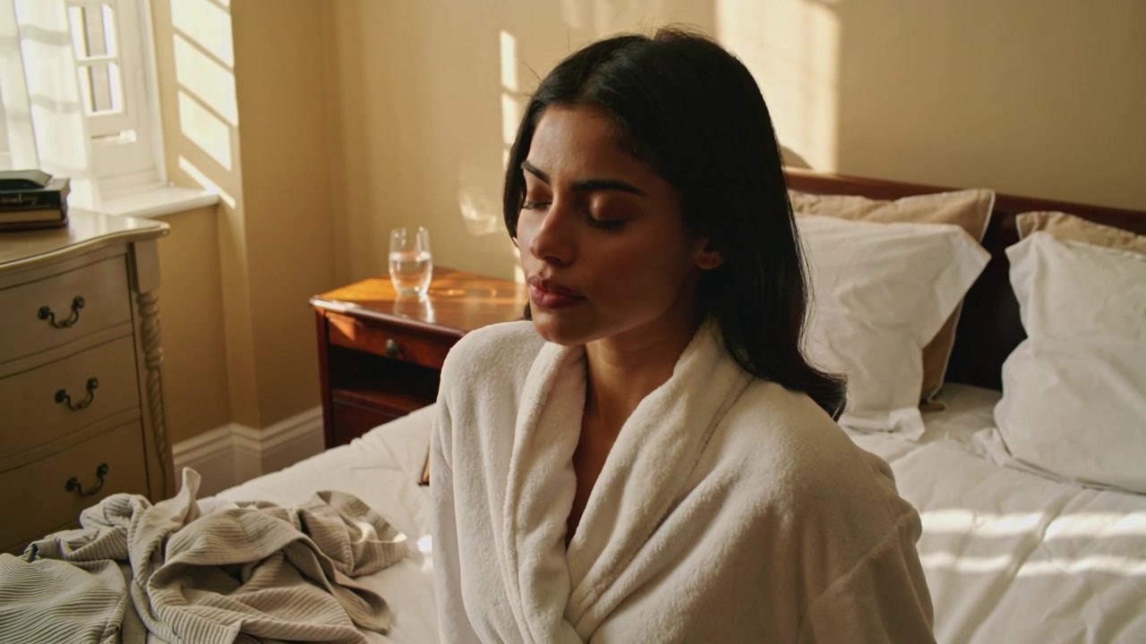 Shifting camera revealing woman in white bathrobe sitting on bed, turning left toward open book