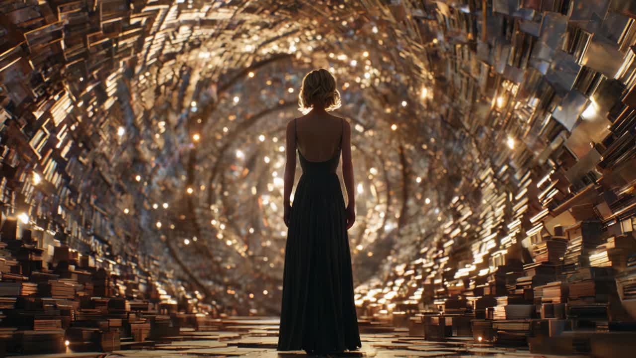A solitary figure stands before a mesmerizing tunnel of shimmering light and stacked books, embodying a journey through knowledge and discovery in a captivating dreamlike world