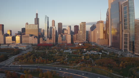 aerial view of downtown chicago buildings and millennium park