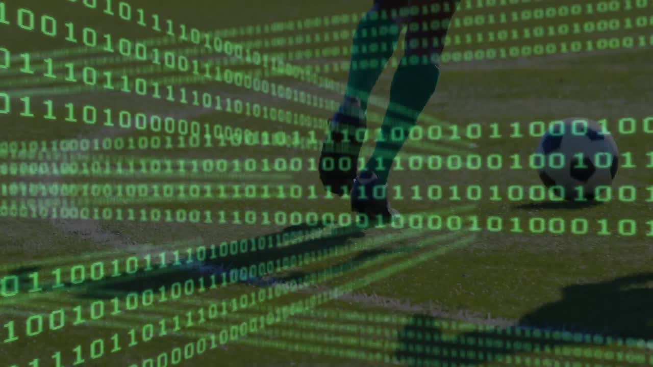 Animation of binary coding over diverse football players on stadium