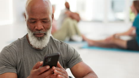 senior man, yoga and floor with phone