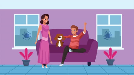 una pareja de jóvenes amantes con una mascota de perro en la sala de estar en la campaña de quedarse en casa