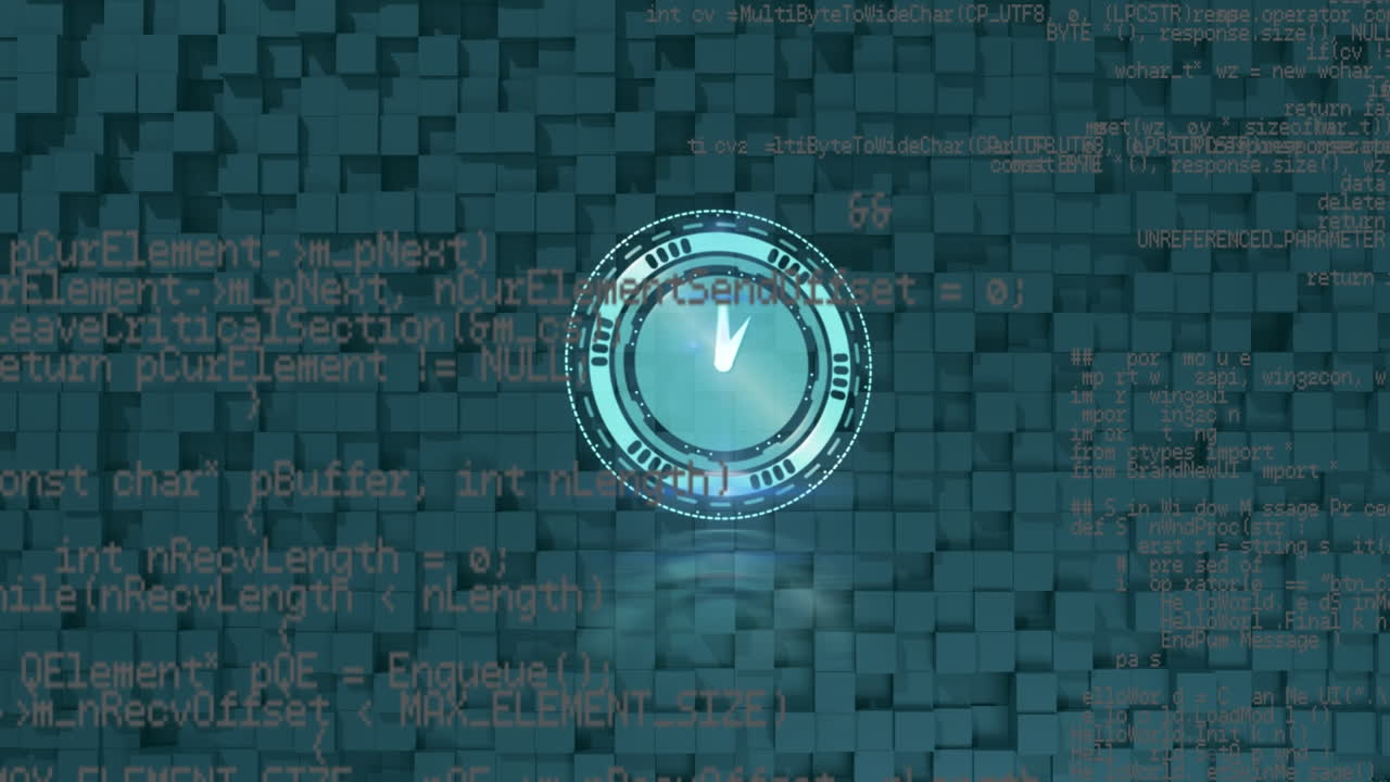 reloj digital haciendo tic-tac sobre el procesamiento de datos contra cuadrados concéntricos en fondo azul