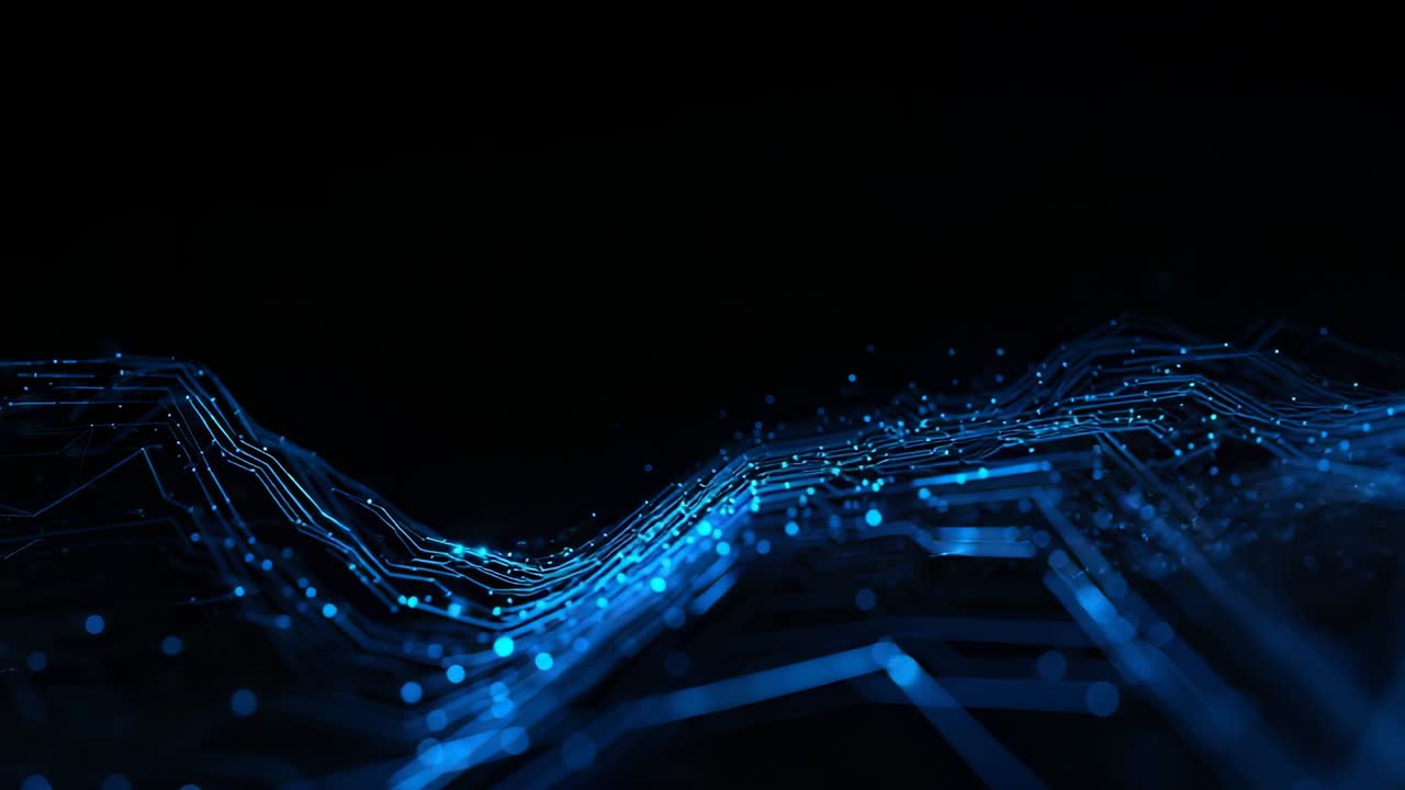 Pulsating glowing blue grid waves expanding across data void from first frame, with bright nodes