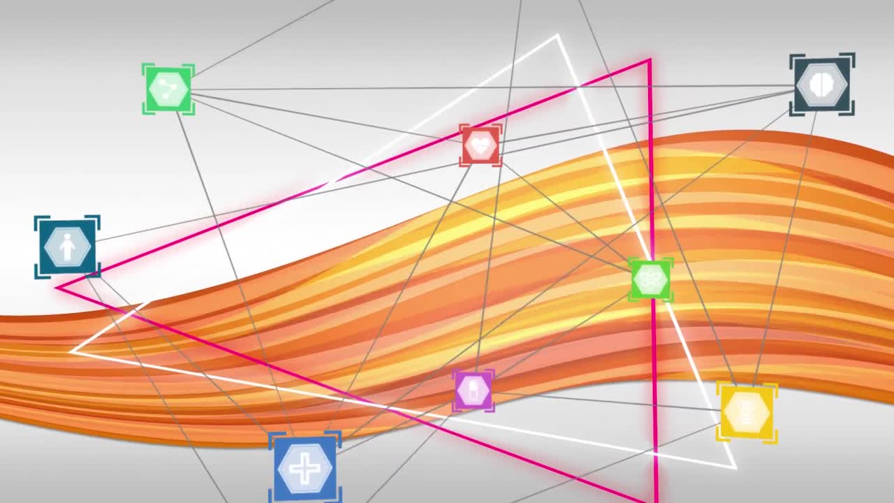 una red de iconos de conexiones contra una onda colorida