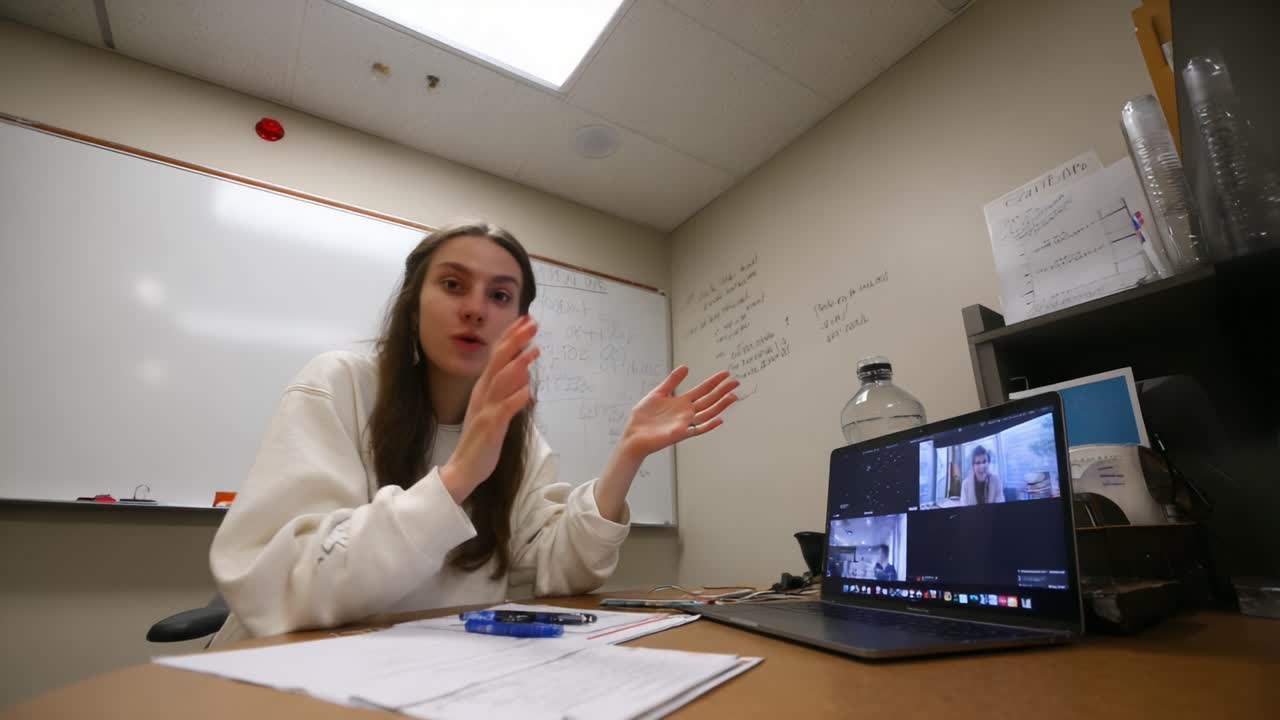 Engaging Online Discussion: A Student Actively Participating in a Virtual Meeting with Expression and Focus from Her Workspace