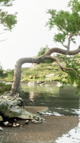 a lone tree bends over a calm lake in a peaceful forest