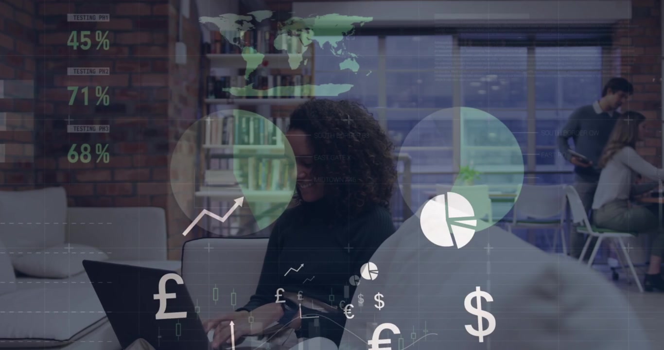 Animation av grafer och data över en kvinna med bärbar dator på kontoret.