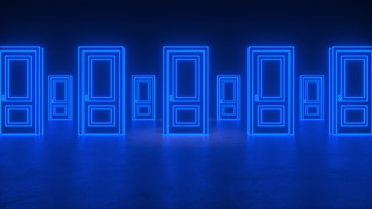 apertura de la luz de la puerta de neón azul en la habitación del pasillo negro. fondo de ciencia ficción abstracta. pasillo futurista. fila de puertas cerradas de neón blue. piso de hormigón con reflejos. avanzando. bucle de animación 3d 4k