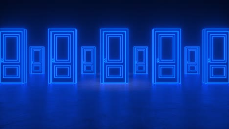 apertura de la luz de la puerta de neón azul en la habitación del pasillo negro. fondo de ciencia ficción abstracta. pasillo futurista. fila de puertas cerradas de neón blue. piso de hormigón con reflejos. avanzando. bucle de animación 3d 4k