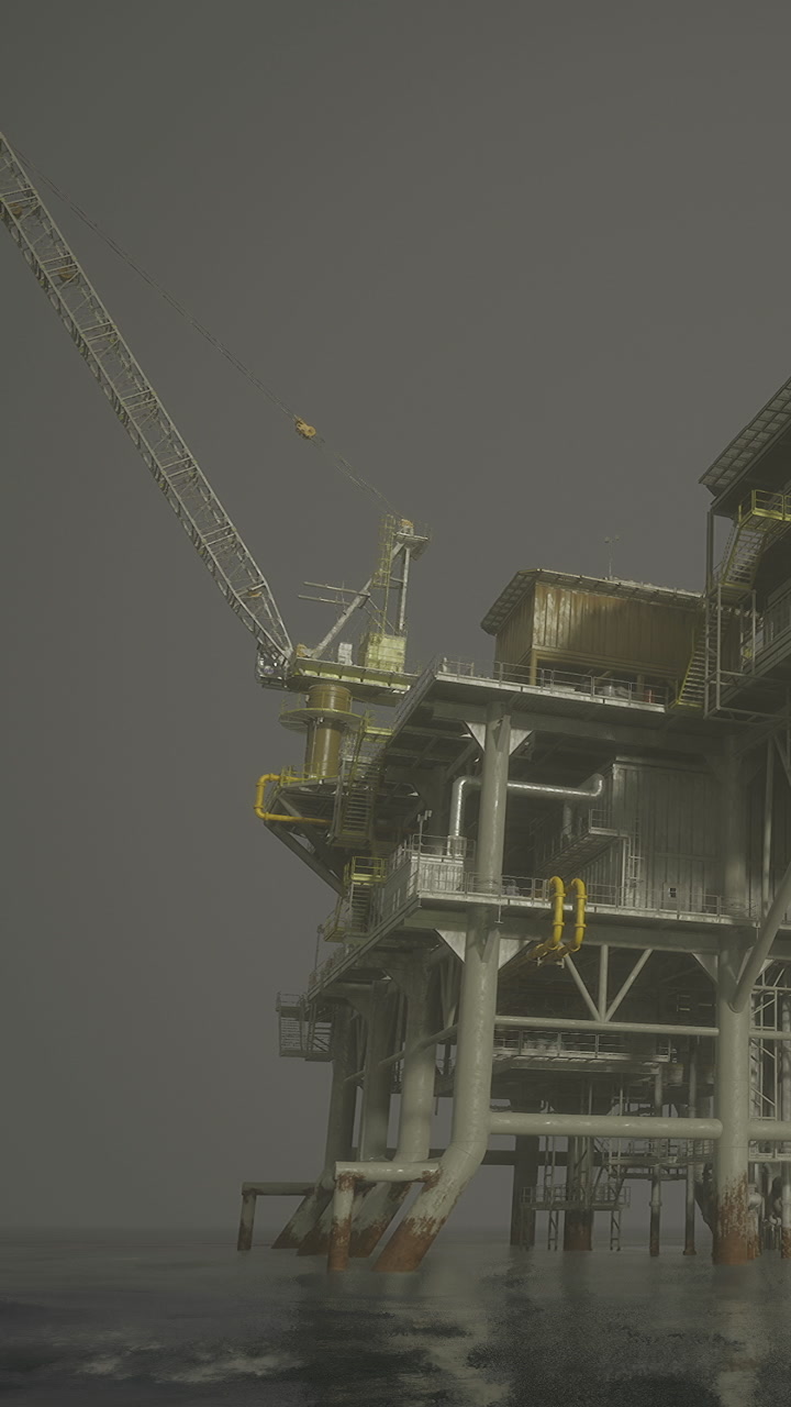 Heavy machinery working on an offshore oil rig under cloudy skies