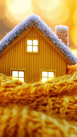 cozy yellow house wrapped in warm scarf. a small yellow house nestled in a fluffy yellow scarf glows softly against a bright, sunny background, evoking warmth.
