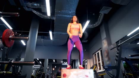 attractive fitness woman in sportswear doing jumps on a big box in a training centre. young strong female with perfect body doing set of box jumps at the gym. crossfit workout