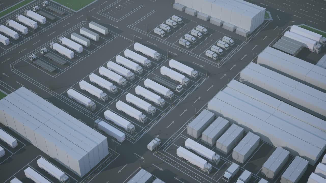 Luftfoto af et stort logistik- og distributionscenter med lastbiler