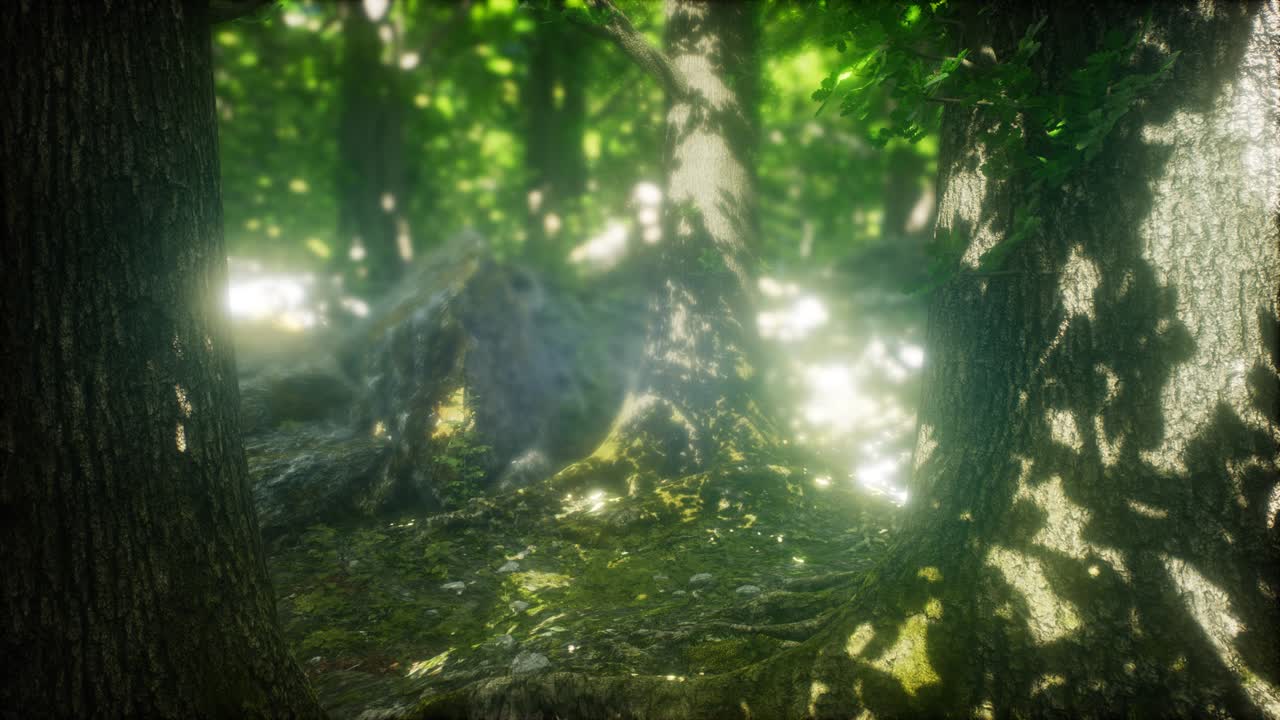 mañana en el bosque nebuloso de primavera con los rayos del sol