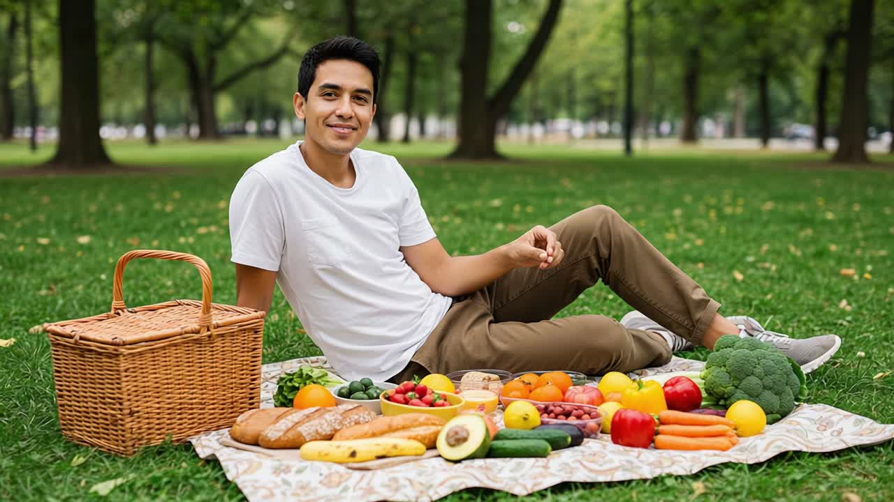 A Young Man Enjoys a Relaxing Picnic Surrounded by Fresh Fruits and Vegetables on a Sunny Day in a Picturesque Park Setting