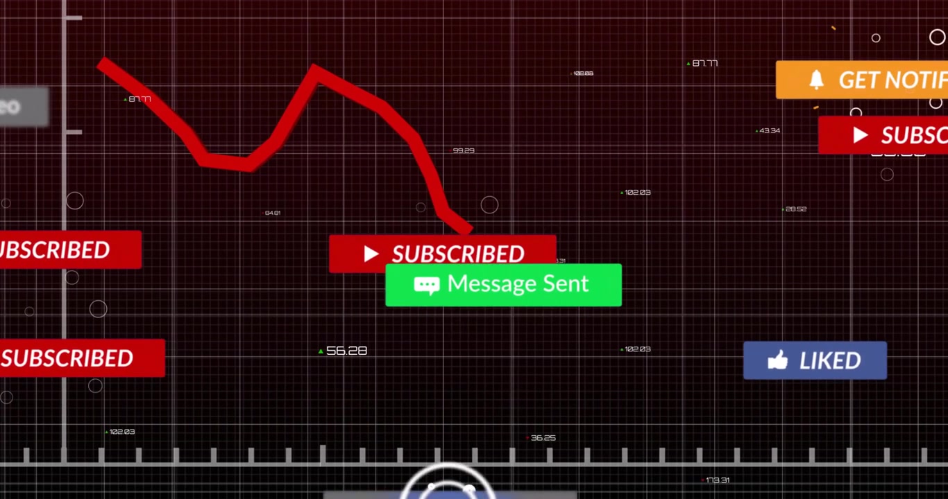 White cursor clicking Subscribe on analytics panel, red zigzag line rising and driving engagement