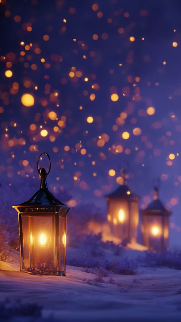 Captivating Lanterns Illuminating a Magical Winter Scene Surrounded by Sparkling Bokeh Lights and Glowing Orbs, Creating a Dreamlike Atmosphere of Warmth and Serenity in a Snowy Landscape