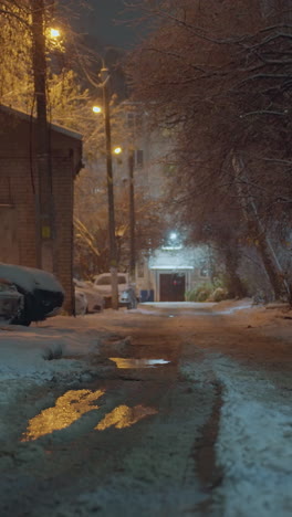 callejón cubierto de nieve alineado con coches estacionados y árboles helados iluminados por farolas, reflejando la cálida luz dorada en los charcos a lo largo del camino