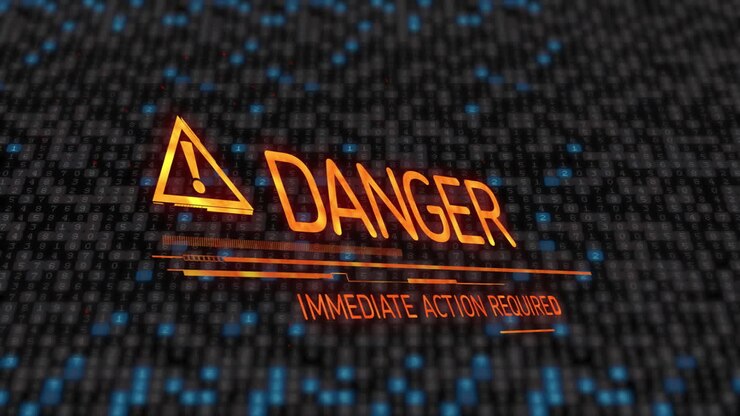Animazione di testo 'Avviso di pericolo e azione immediata richiesta' su sfondo di codice binario