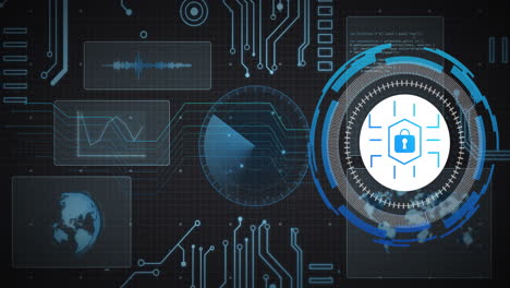 Animation-of-network-and-circular-scanner-with-padlock-icon-and-charts-processing-data-on-black