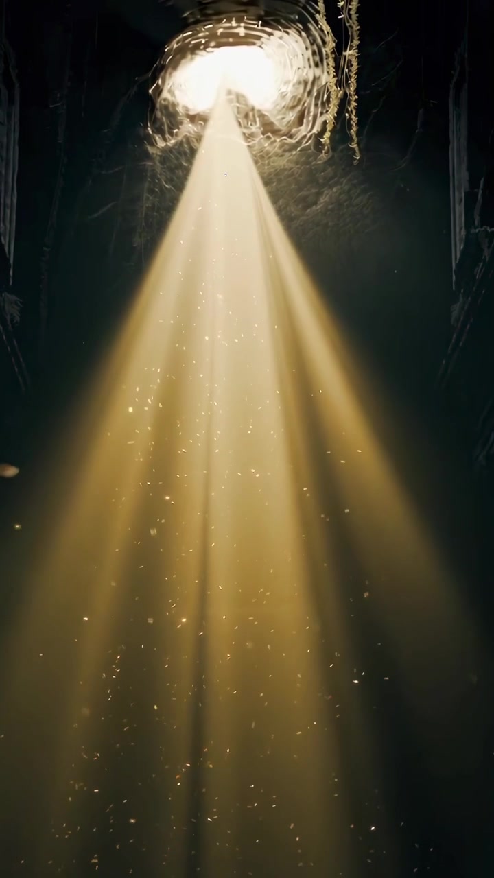 Dramatic Golden Light Beam Illuminating Floating Dust in a Dark Cavern