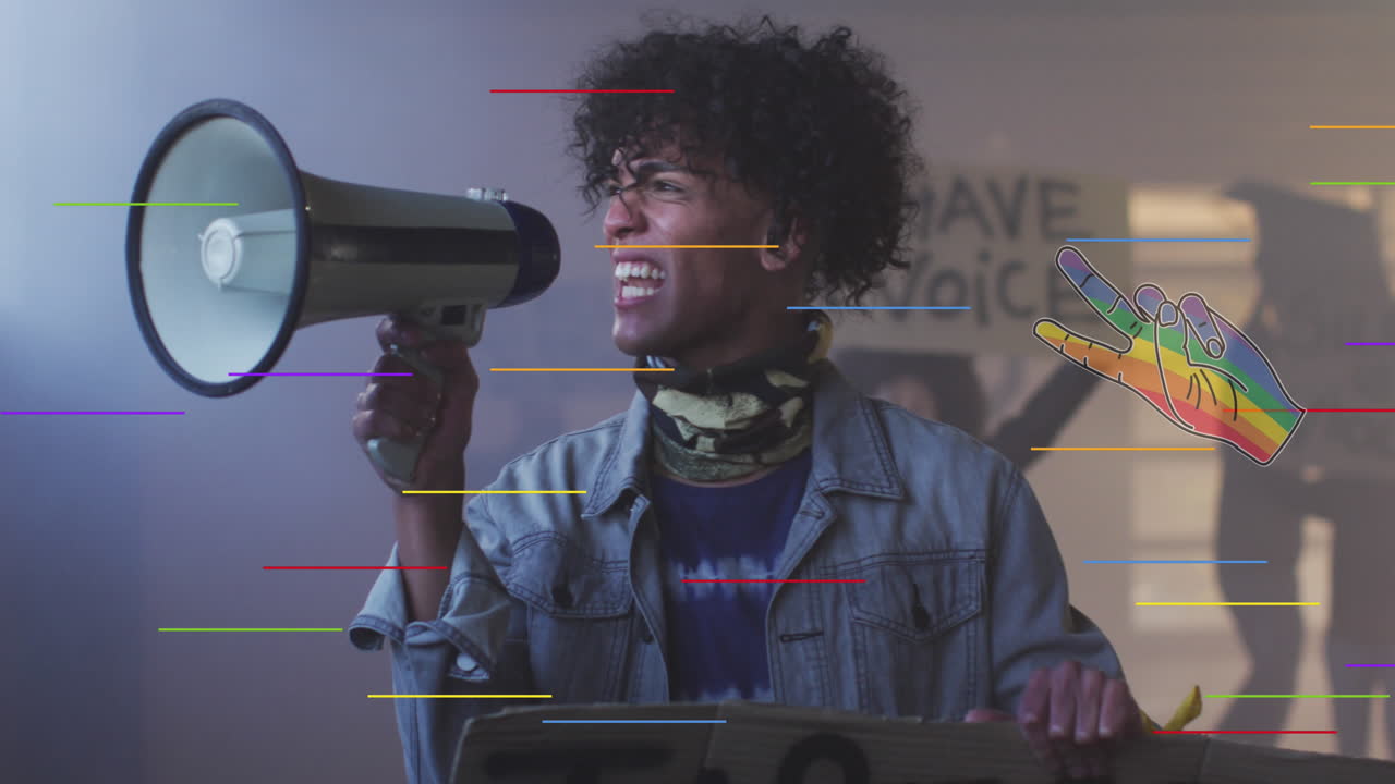 animación del arco iris mano sobre hombre afroamericano con altavoz