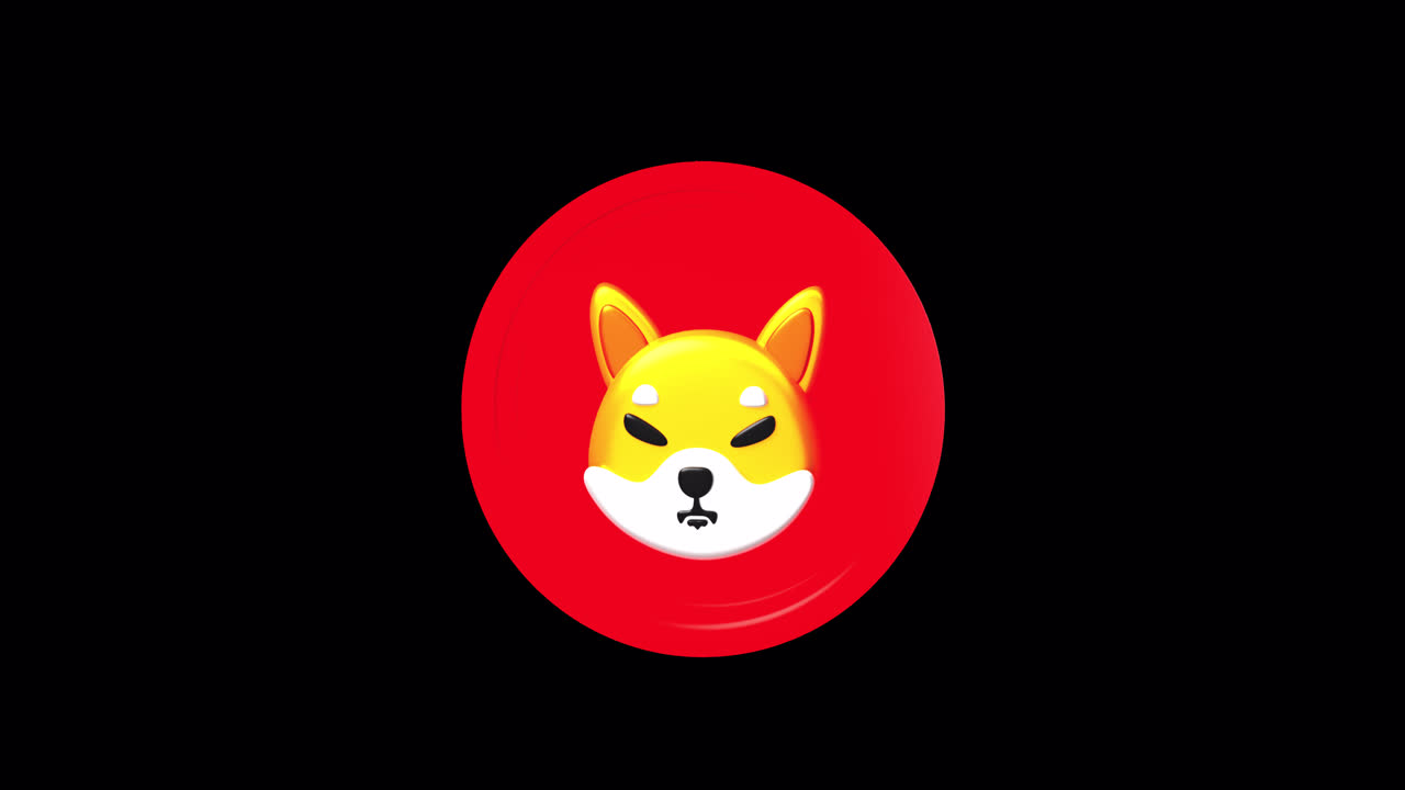 Icona di criptovaluta Shiba Inu animata in 3D che ruota su sfondo nero