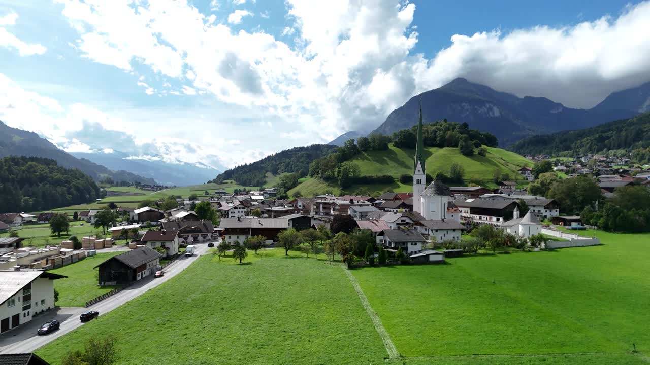Aerial shot of Wiesing town with church