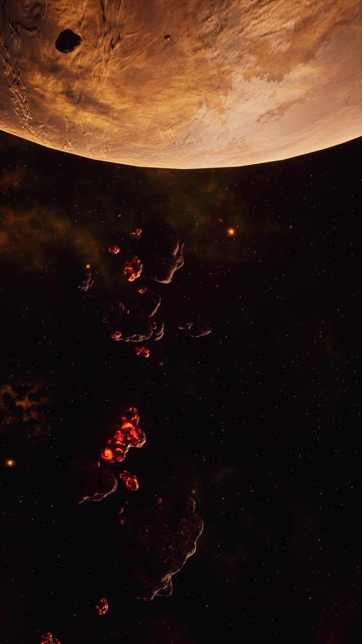 un gran planeta con un sistema de anillos se ve en la distancia, con asteroides volando. el planeta tiene una atmósfera naranja brillante y una superficie oscura. los asteroides brillan de rojo y naranja, y están esparcidos alrededor del planeta. el fondo es un espacio azul oscuro con muchas estrellas.