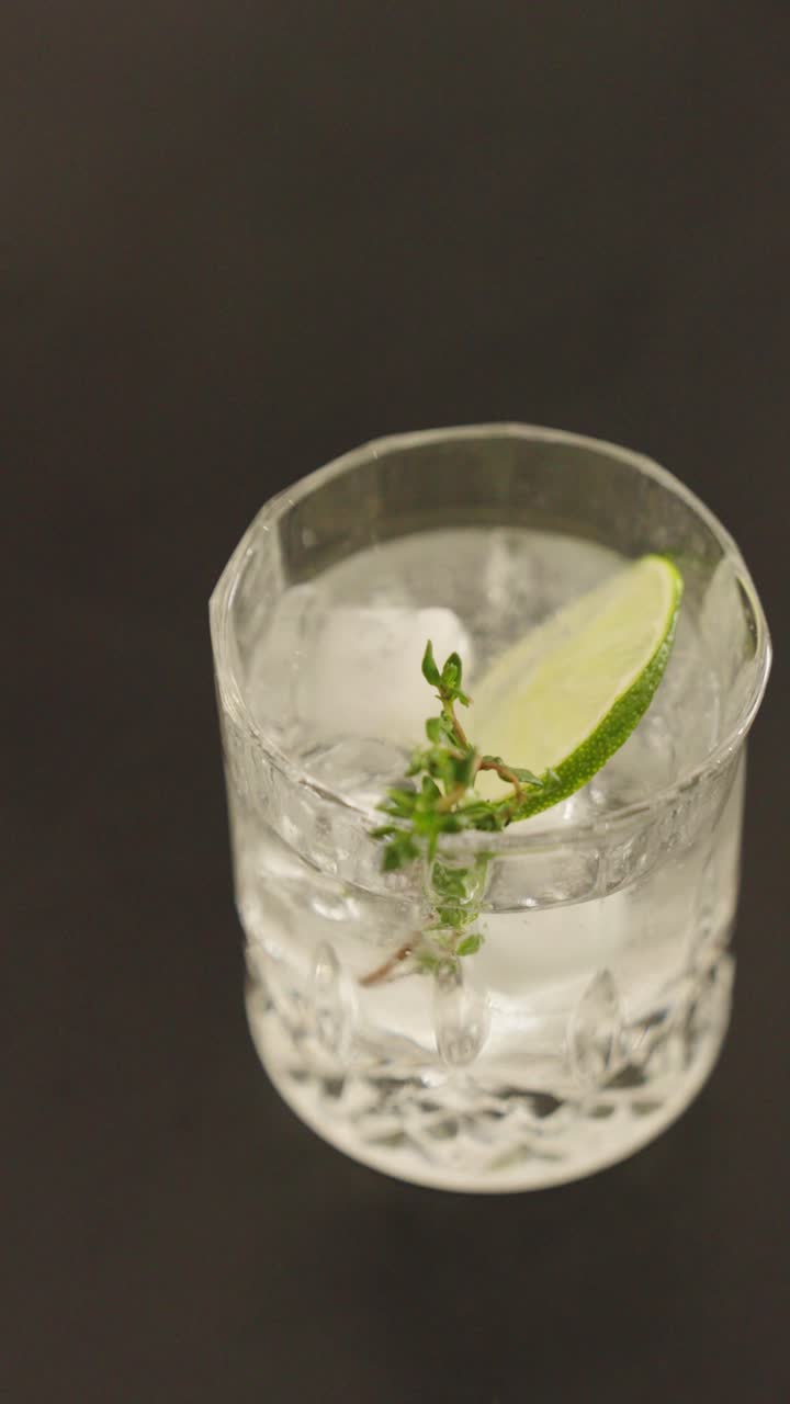Vertical - garnish gin and tonic cocktail with green leaf and lime, Czechia