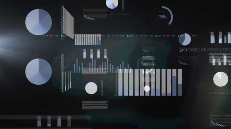 Animation of statistics and data processing over black background