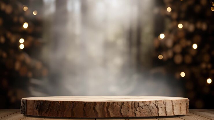 Espositore per prodotti a fetta di tronco di legno vuoto in un'ambientazione di foresta magica